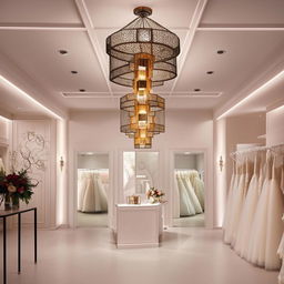 Classic office design for a wedding dress shop, 3.77m width, 3.5m length, equipped with customer reception, waiting area, material board, wall featuring lanterns with central lighting, lantern-shaped chandelier.