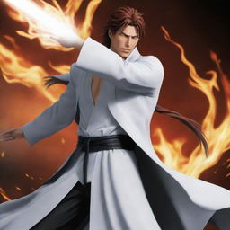 Render an action-packed scene depicting Aizen from Bleach engaged in a thrilling battle.