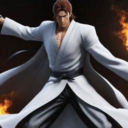 Render an action-packed scene depicting Aizen from Bleach engaged in a thrilling battle.