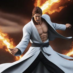 Render an action-packed scene depicting Aizen from Bleach engaged in a thrilling battle.