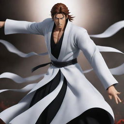 Render an action-packed scene depicting Aizen from Bleach engaged in a thrilling battle.