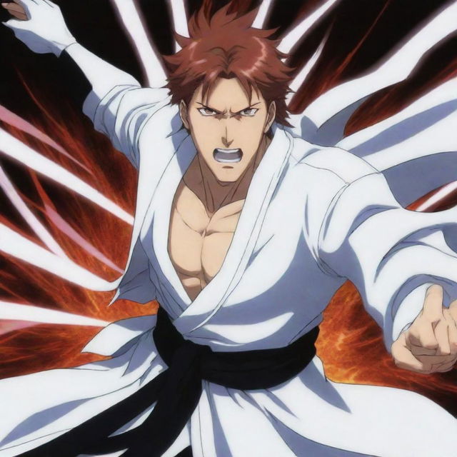 Depict Aizen from Bleach engaged in an energetic battle, drawn in a dynamic anime style.