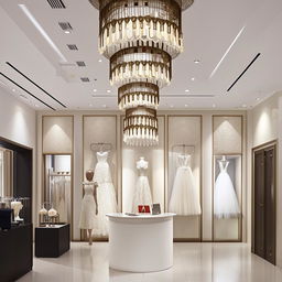 Classic office design for a wedding dress shop, 3.77m width, 3.5m length, equipped with customer reception, waiting area, material board, wall featuring lanterns with central lighting, lantern-shaped chandelier.