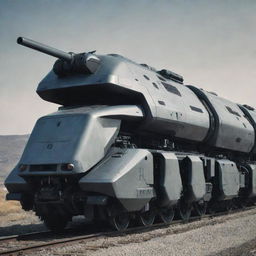 An image of a militaristic train armed with sophisticated futuristic weaponry.