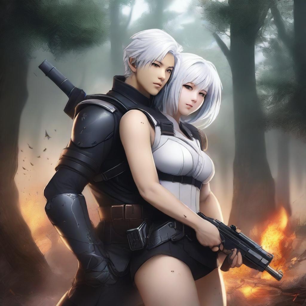 A high-quality digital art depicting Yu Ijin, a mercenary enlistee, embracing a curvy girl with a waist grip