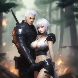 A high-quality digital art depicting Yu Ijin, a mercenary enlistee, embracing a curvy girl with a waist grip