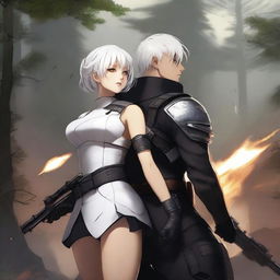 A high-quality digital art depicting Yu Ijin, a mercenary enlistee, embracing a curvy girl with a waist grip