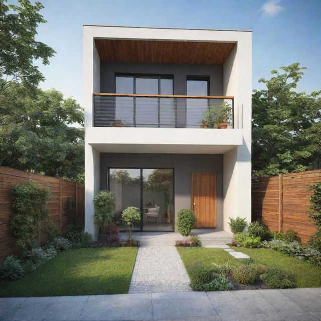 A cozy yet affordable house, featuring modern designs, compact living spaces, adequate windows for natural light, with a small garden in the front.