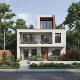 A cozy yet affordable house, featuring modern designs, compact living spaces, adequate windows for natural light, with a small garden in the front.