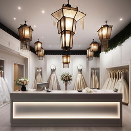 Classic office design for a wedding dress shop, 3.77m width, 3.5m length, equipped with customer reception, waiting area, material board, wall featuring lanterns with central lighting, lantern-shaped chandelier.