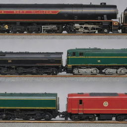 A detailed image featuring trains with three different types of engines: steam, diesel, and electric.