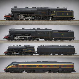 A detailed image featuring trains with three different types of engines: steam, diesel, and electric.