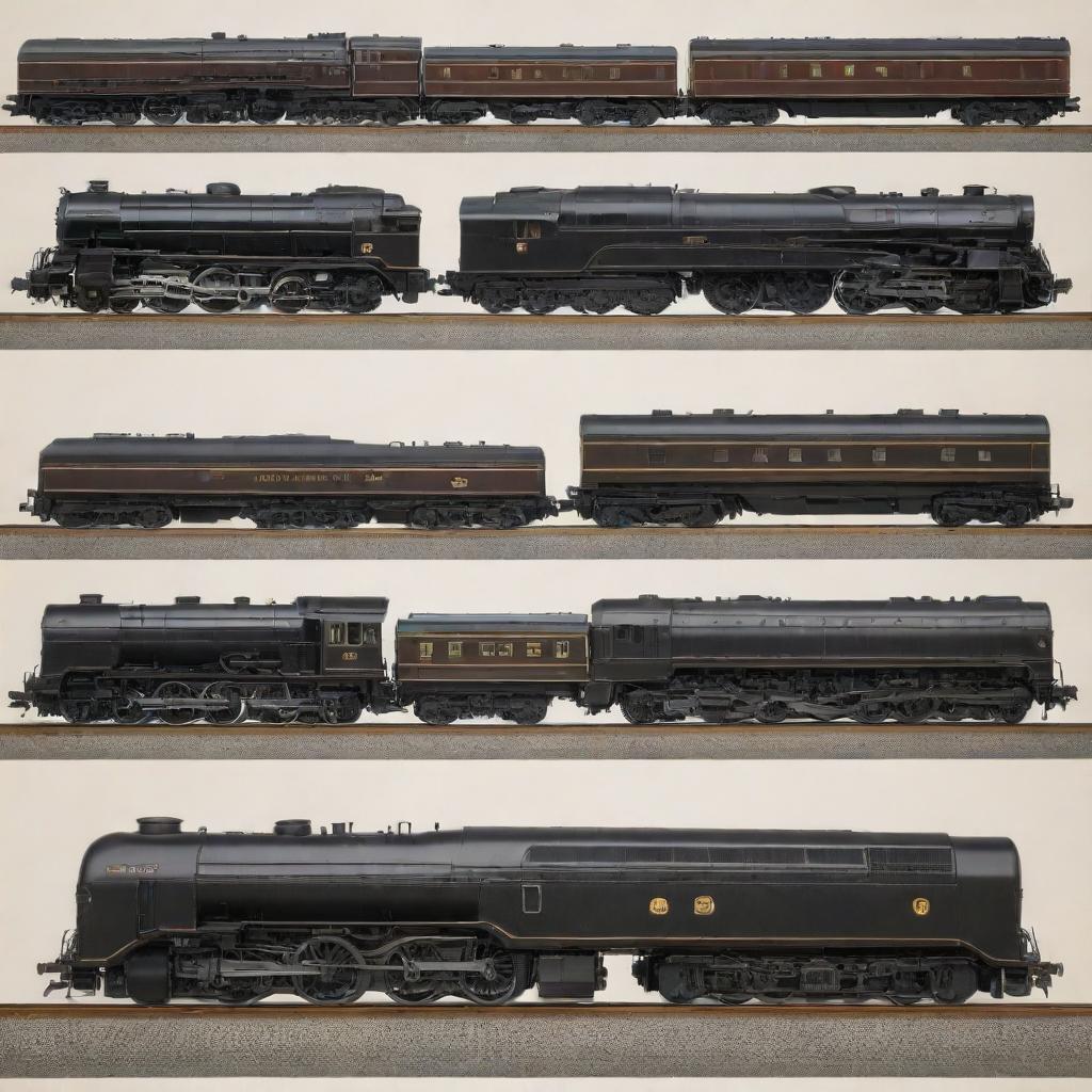 A detailed image featuring trains with three different types of engines: steam, diesel, and electric.