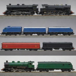 A detailed image featuring trains with three different types of engines: steam, diesel, and electric.