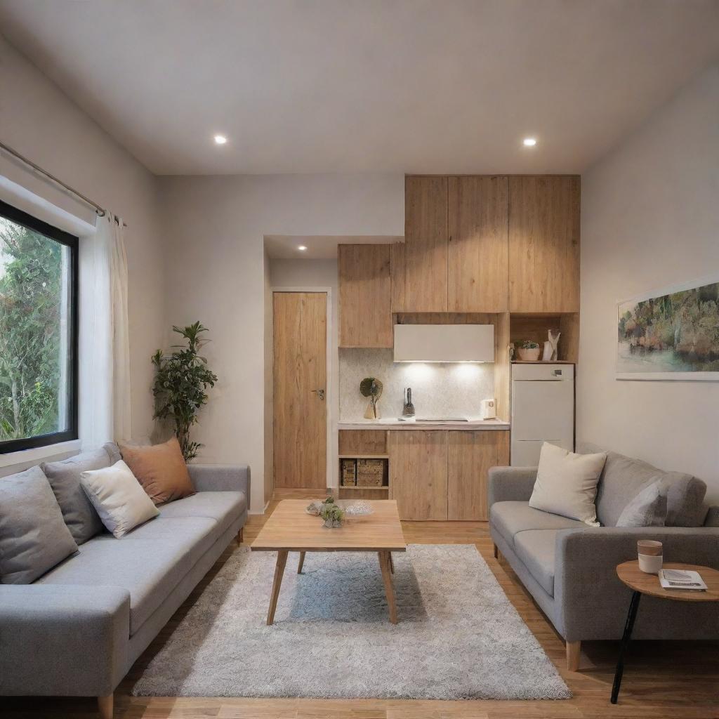 A budget-friendly small house that boasts of a cozy, well-designed interior with modern furniture, an efficient layout, and warm lighting, all embodied in an inviting atmosphere.