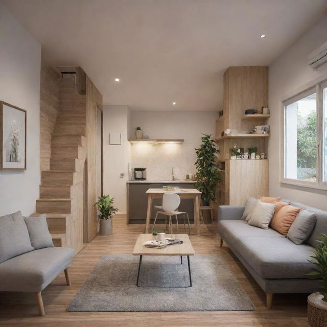 A budget-friendly small house that boasts of a cozy, well-designed interior with modern furniture, an efficient layout, and warm lighting, all embodied in an inviting atmosphere.