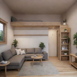 A budget-friendly small house that boasts of a cozy, well-designed interior with modern furniture, an efficient layout, and warm lighting, all embodied in an inviting atmosphere.