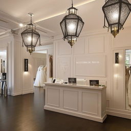 Elegant office for wedding dress store, 3.77m x 3.5m, with customer reception, waiting area, material board, and walls accented with classic lanterns boasting central lighting.