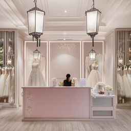 Elegant office for wedding dress store, 3.77m x 3.5m, with customer reception, waiting area, material board, and walls accented with classic lanterns boasting central lighting.