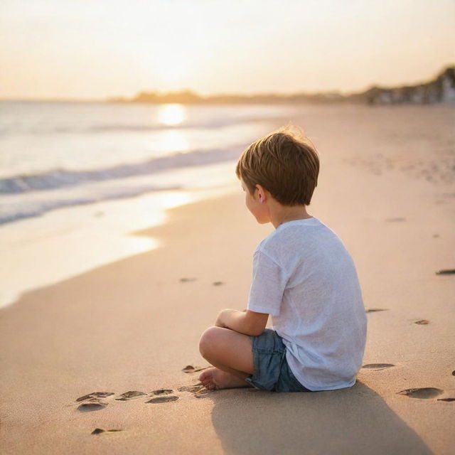 A young boy sitting on a sandy beach, staring out to the sparkling, serene ocean, while the gently setting sun casts a warm hue on the scene.