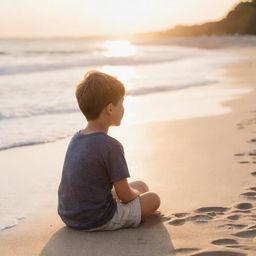 A young boy sitting on a sandy beach, staring out to the sparkling, serene ocean, while the gently setting sun casts a warm hue on the scene.