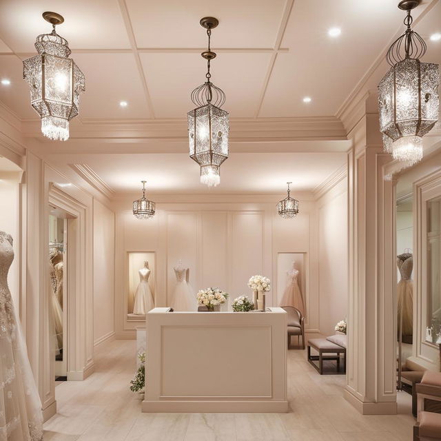 Elegant office for wedding dress store, 3.77m x 3.5m, with customer reception, waiting area, material board, and walls accented with classic lanterns boasting central lighting.