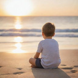 A young boy sitting on a sandy beach, staring out to the sparkling, serene ocean, while the gently setting sun casts a warm hue on the scene.