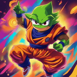 This digital art image features Pepe the Frog portrayed as Goku from Dragonball Z