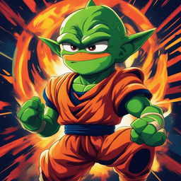 This digital art image features Pepe the Frog portrayed as Goku from Dragonball Z