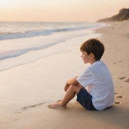 A young boy sitting on a sandy beach, staring out to the sparkling, serene ocean, while the gently setting sun casts a warm hue on the scene.