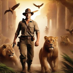 A high-quality digital art image showcasing an adventurous scene, featuring a character named Quinn Carter, styled after Indiana Jones