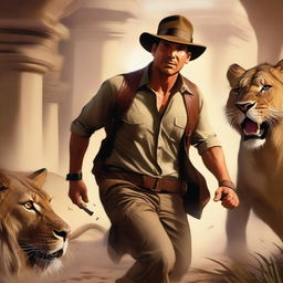 A high-quality digital art image showcasing an adventurous scene, featuring a character named Quinn Carter, styled after Indiana Jones