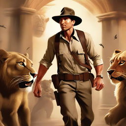 A high-quality digital art image showcasing an adventurous scene, featuring a character named Quinn Carter, styled after Indiana Jones