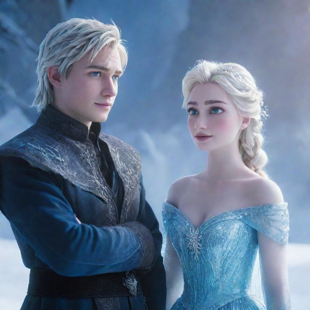 A vivid image of Disney's Elsa from Frozen and Jack Frost from Rise of the Guardians, standing together in a magical, snow-filled setting, illuminated by soft, ethereal light.