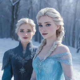 A vivid image of Disney's Elsa from Frozen and Jack Frost from Rise of the Guardians, standing together in a magical, snow-filled setting, illuminated by soft, ethereal light.