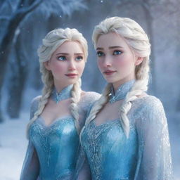 A vivid image of Disney's Elsa from Frozen and Jack Frost from Rise of the Guardians, standing together in a magical, snow-filled setting, illuminated by soft, ethereal light.