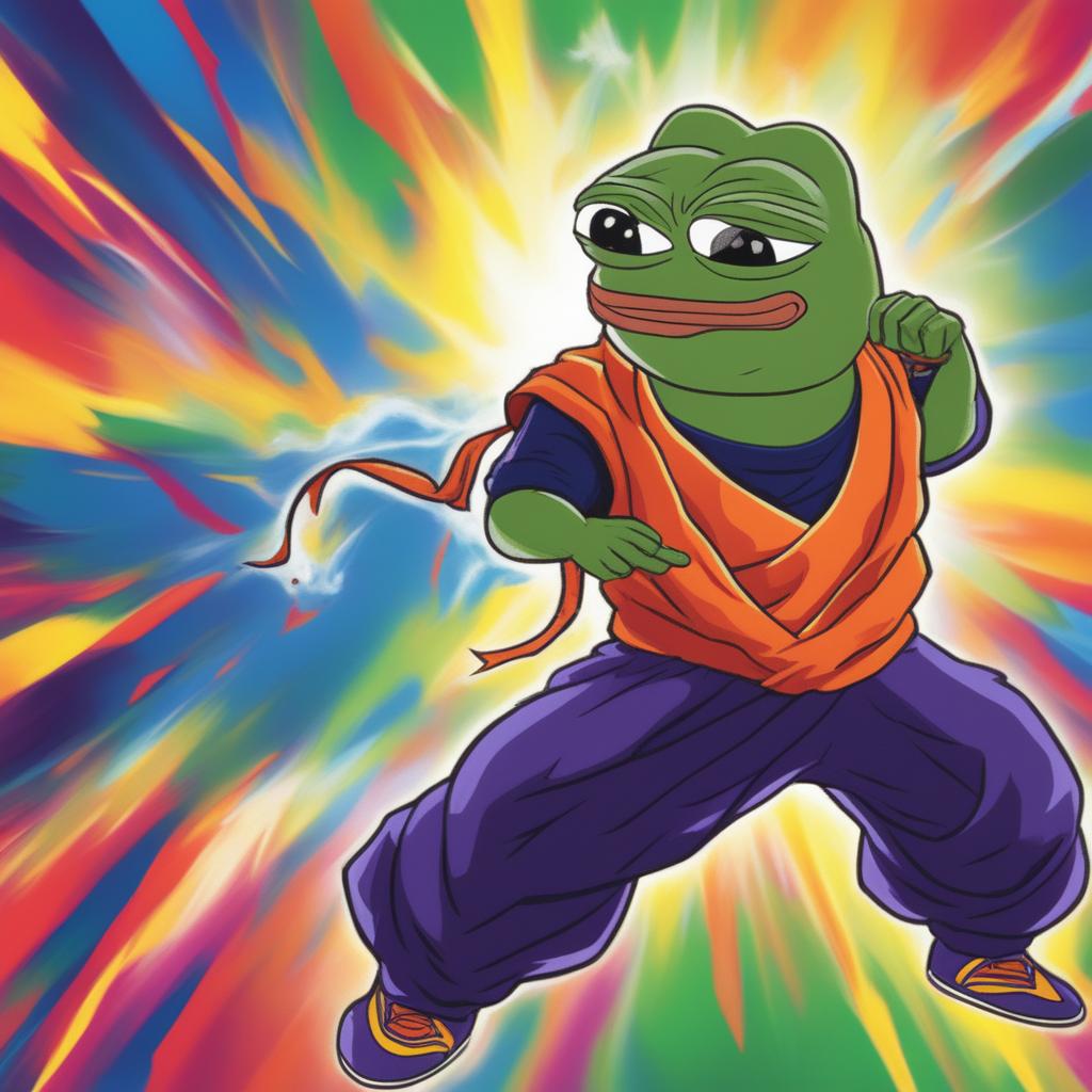 This digital art image features Pepe the Frog portrayed as Goku from Dragonball Z