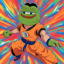 This digital art image features Pepe the Frog portrayed as Goku from Dragonball Z