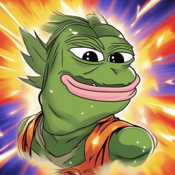 This digital art image features Pepe the Frog portrayed as Goku from Dragonball Z