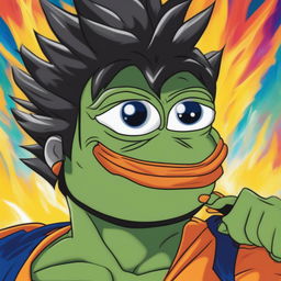 This digital art image features Pepe the Frog portrayed as Goku from Dragonball Z