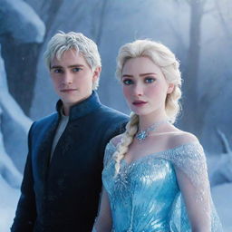 A vivid image of Disney's Elsa from Frozen and Jack Frost from Rise of the Guardians, standing together in a magical, snow-filled setting, illuminated by soft, ethereal light.