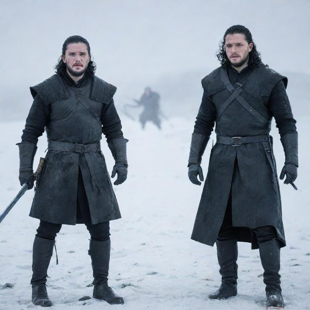 Jon Snow, adorned in his Night's Watch attire, clashing swords with Ragnar Lothbrok, in his Viking warrior gear, amidst a snowy battlefield.