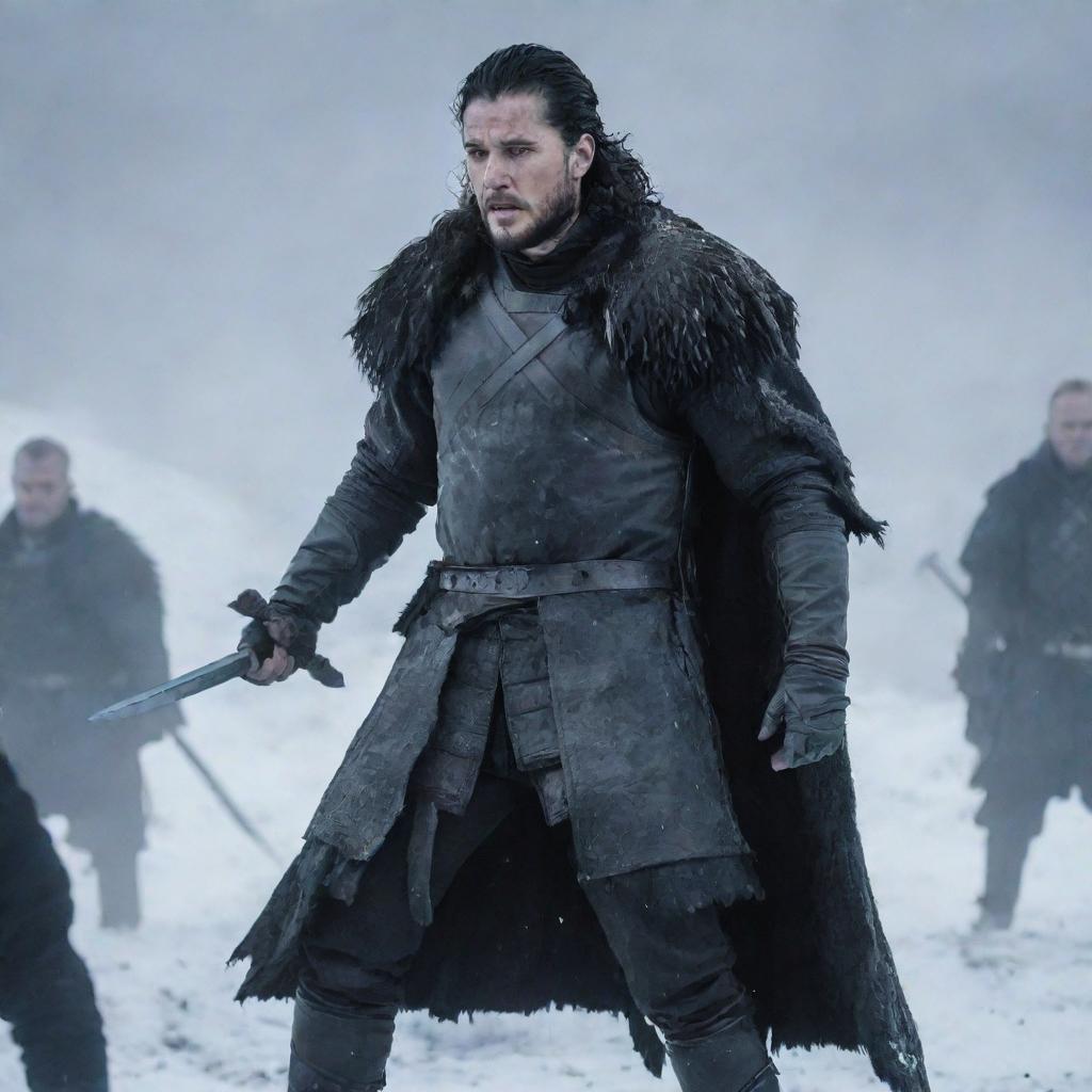 Jon Snow, adorned in his Night's Watch attire, clashing swords with Ragnar Lothbrok, in his Viking warrior gear, amidst a snowy battlefield.