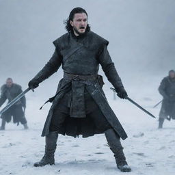 Jon Snow, adorned in his Night's Watch attire, clashing swords with Ragnar Lothbrok, in his Viking warrior gear, amidst a snowy battlefield.