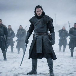 Jon Snow, adorned in his Night's Watch attire, clashing swords with Ragnar Lothbrok, in his Viking warrior gear, amidst a snowy battlefield.