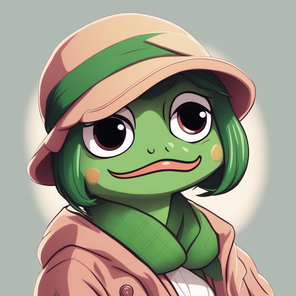 This is a digital art image featuring Pepe the Frog in waifu form, styled as a cute, feminine anime character