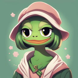 This is a digital art image featuring Pepe the Frog in waifu form, styled as a cute, feminine anime character