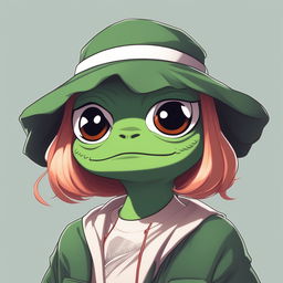 This is a digital art image featuring Pepe the Frog in waifu form, styled as a cute, feminine anime character