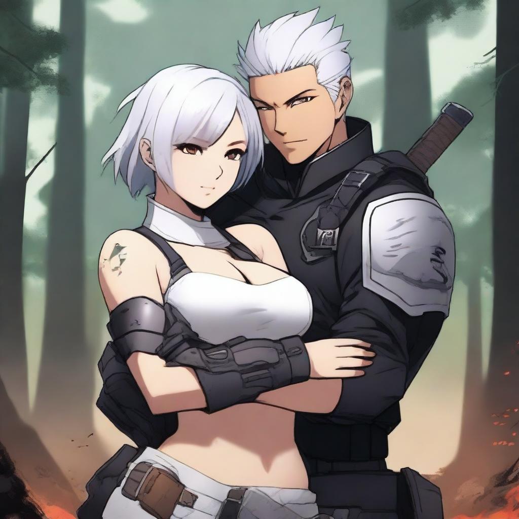 A high-quality digital art image showing Yu Ijin, a mercenary enlistee, lovingly embracing a curvy girl around her waist