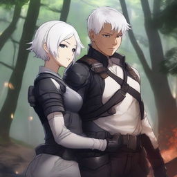 A high-quality digital art image showing Yu Ijin, a mercenary enlistee, lovingly embracing a curvy girl around her waist